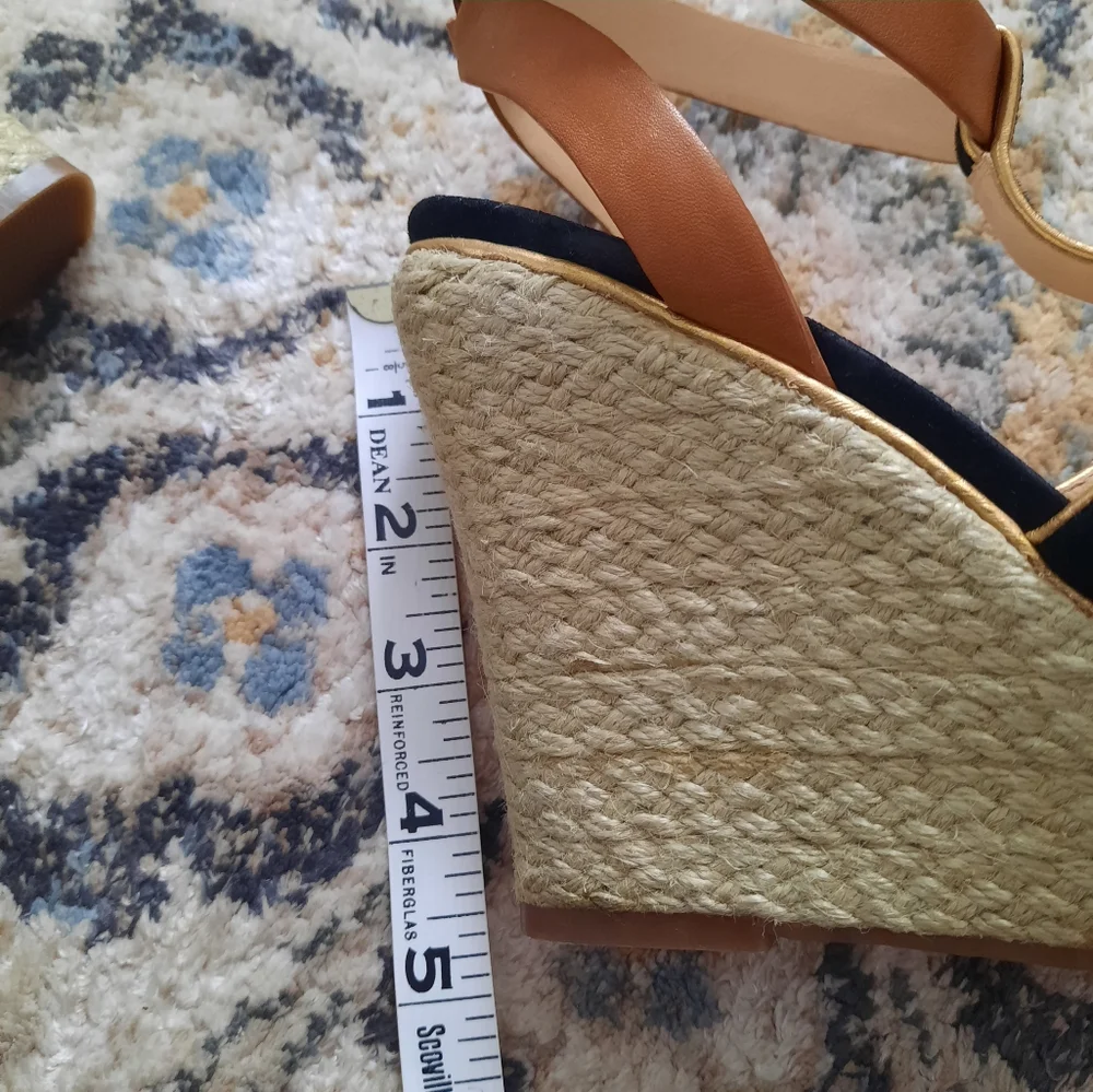 Cole Haan Navy and Tan Espadrille Wedge Sandals